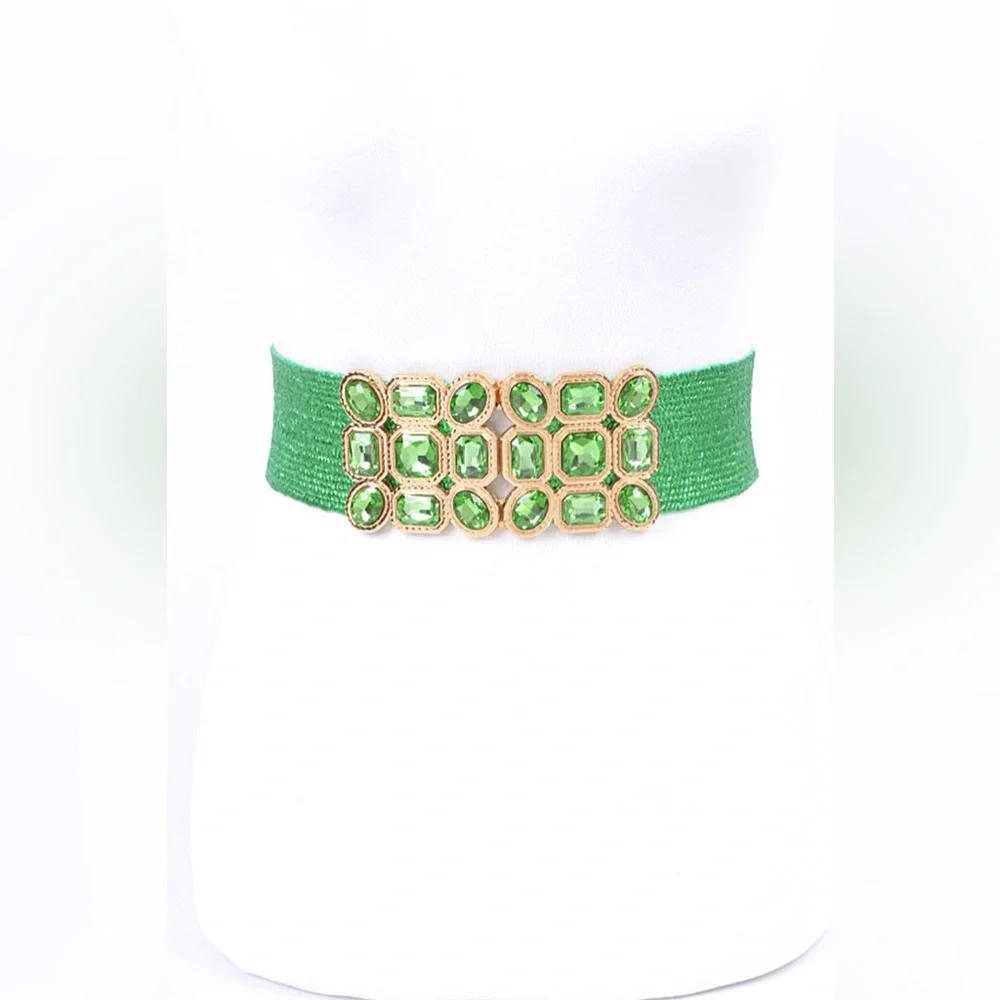 Green Rhinestone Straw Statement Belt